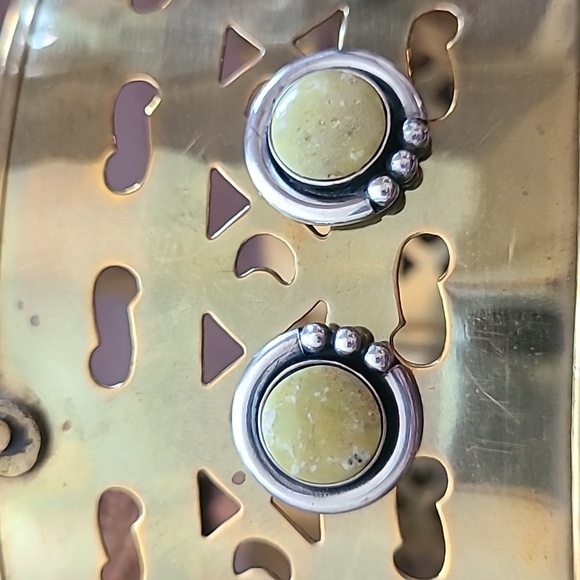 Jewelry - Vintage Earrings Sterling  Olive Green Stone Set In Silver Scandanavian Pierced